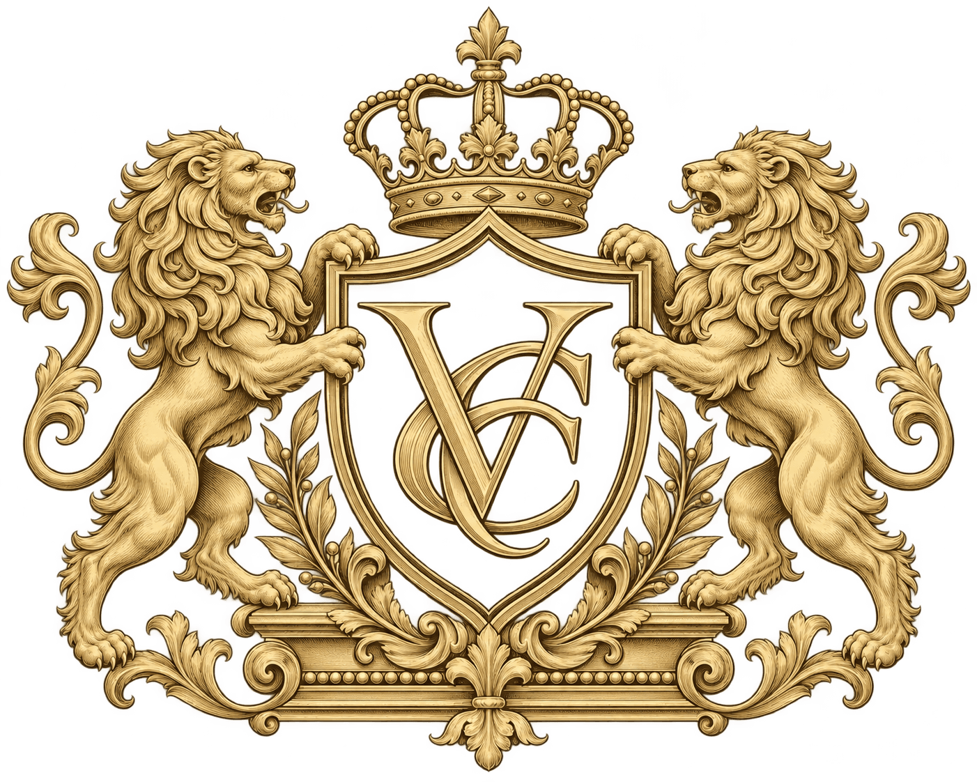 Brasão imperial da VITALLE CAPITAL: dois leões, coroa e monograma VC